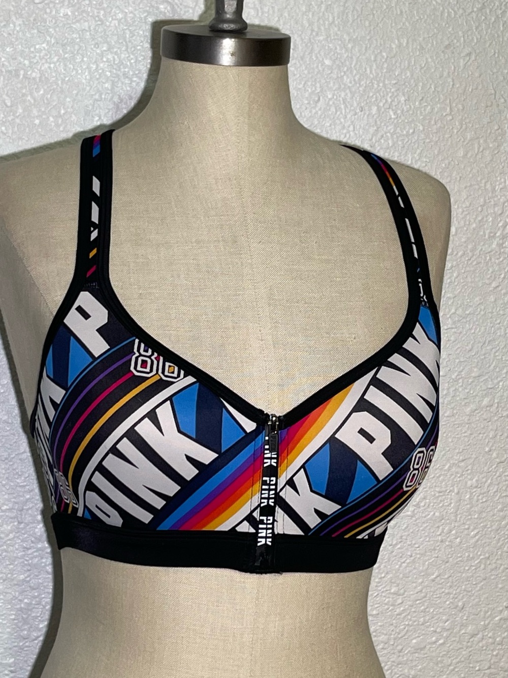 PINK Victoria's Secret Front-Zip Sports Bra in Multi-Color Stripe size medium